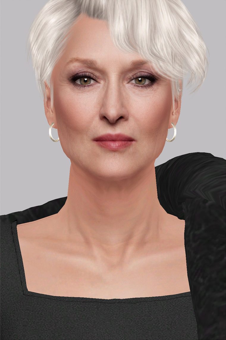 Sim da Miranda Priestly, cabelo branco curto, brincos de argola e casaco preto
